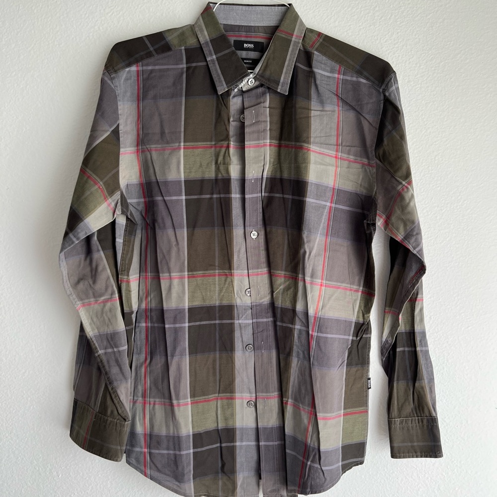 Hugo Boss, Multicolor Green Plaid Dress Shirt, Size L